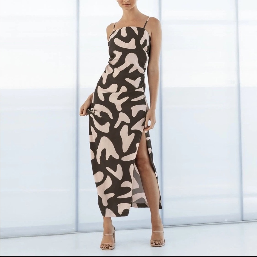 Anthropologie Paper Heart Dress. Maxi Slip Dress Abstract Brown & Cream Print.